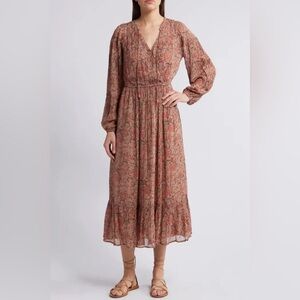 Cleobella Ophelia Floral Long Sleeve Crinkle Chiffon Midi Dress Size Medium